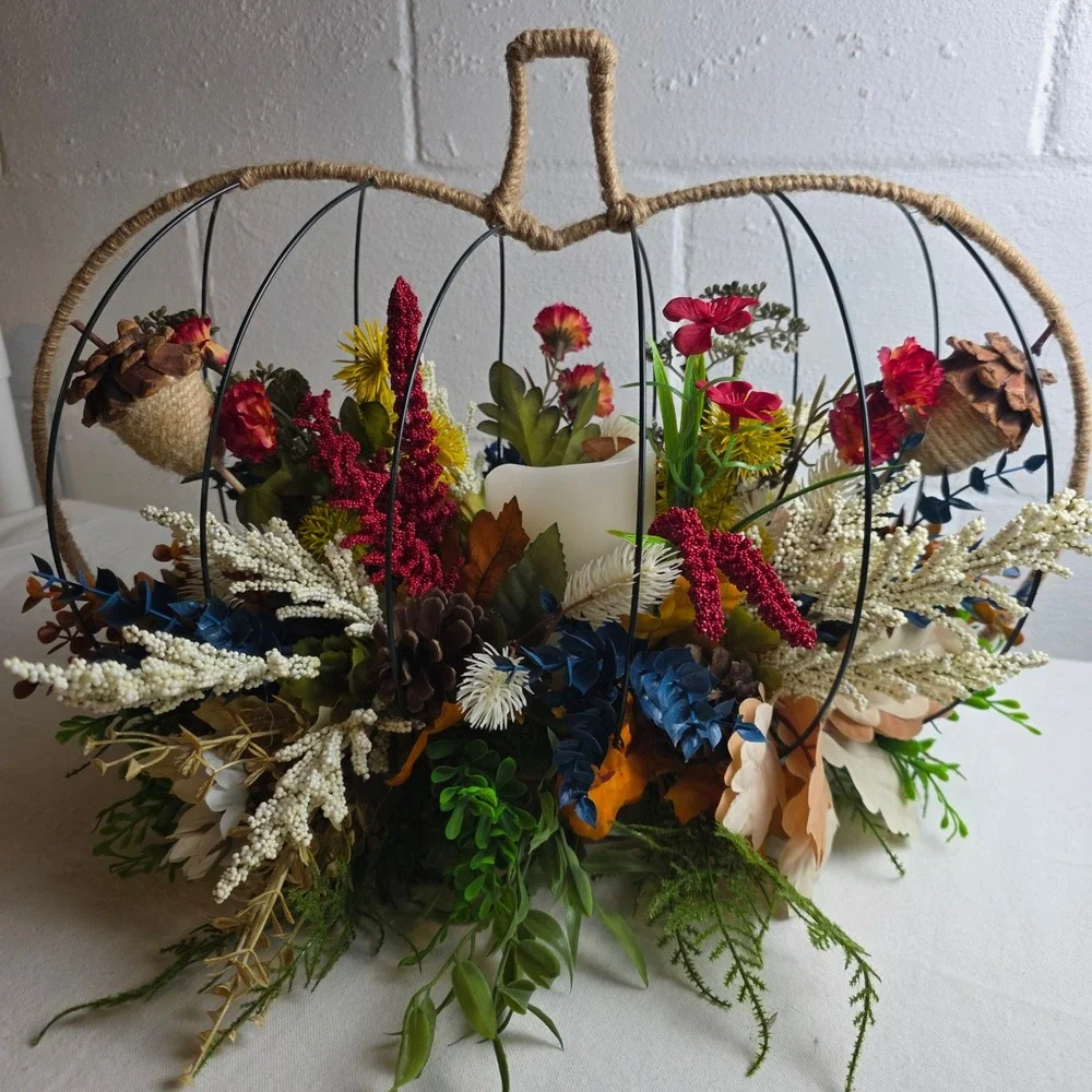 Rustic Fall Wire 3D Pumpkin Centerpiece Faux Florals Flameless Candle